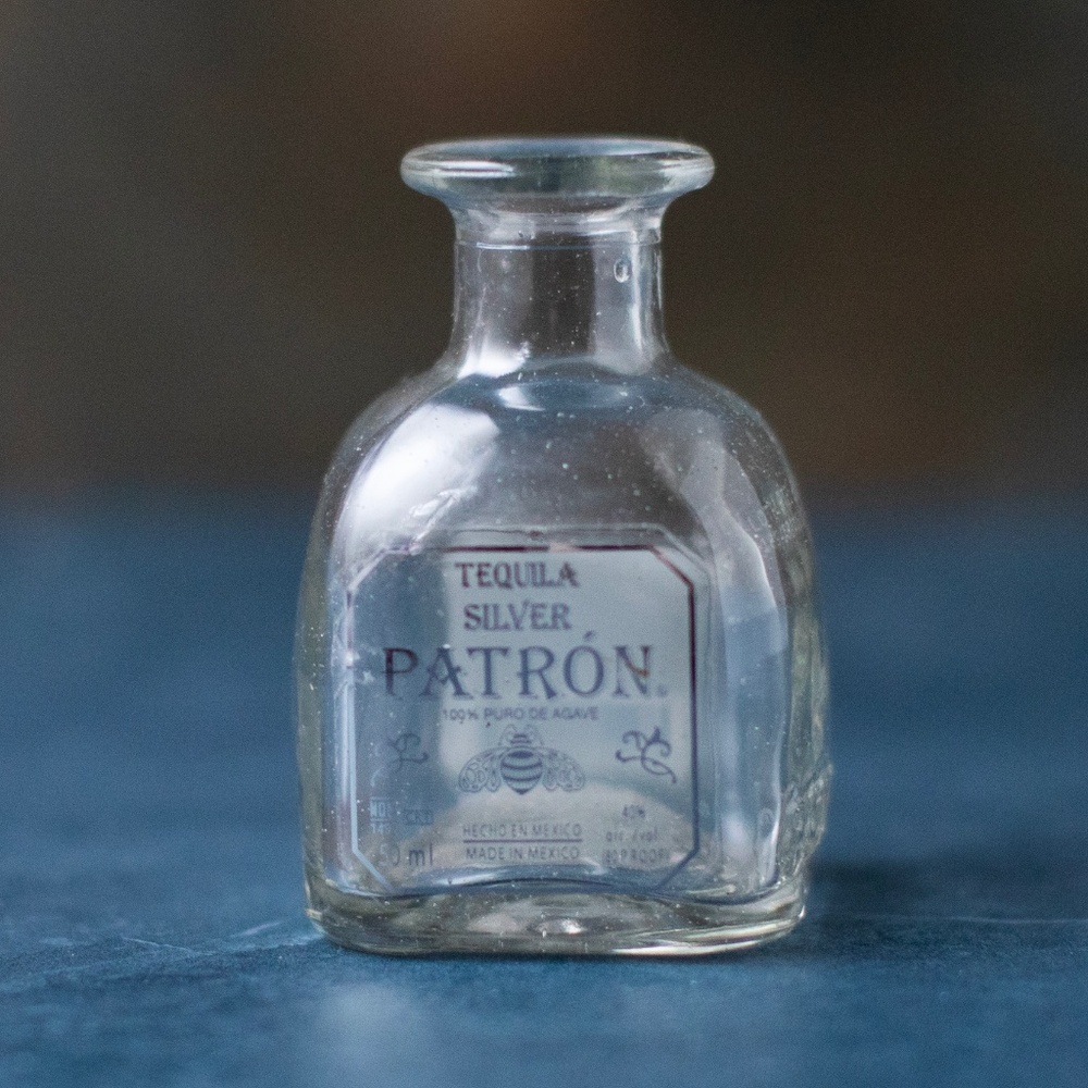 Small mini Patron Silver tequila bottle 50 mL tiny bud vase decor collectible